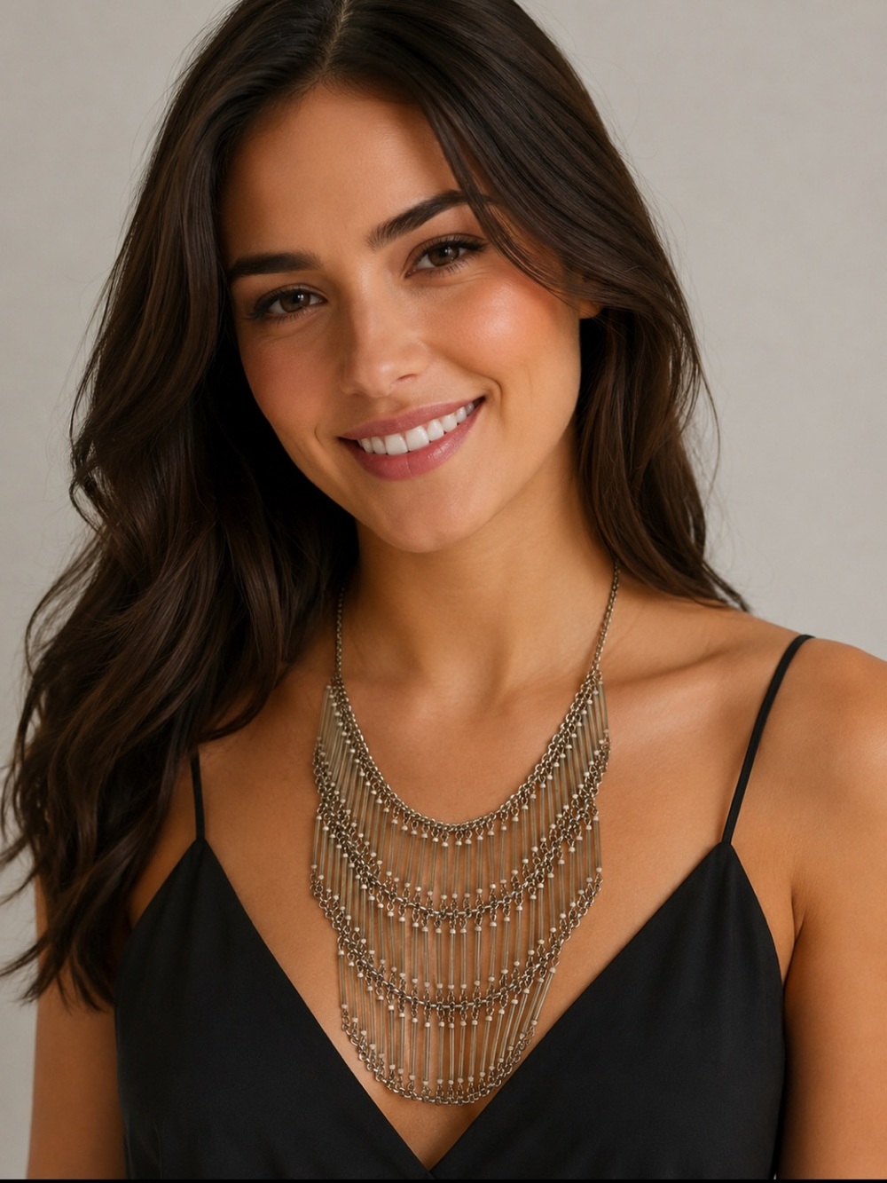 Layered Fringe Statement Necklace Y2K - Silver Tone